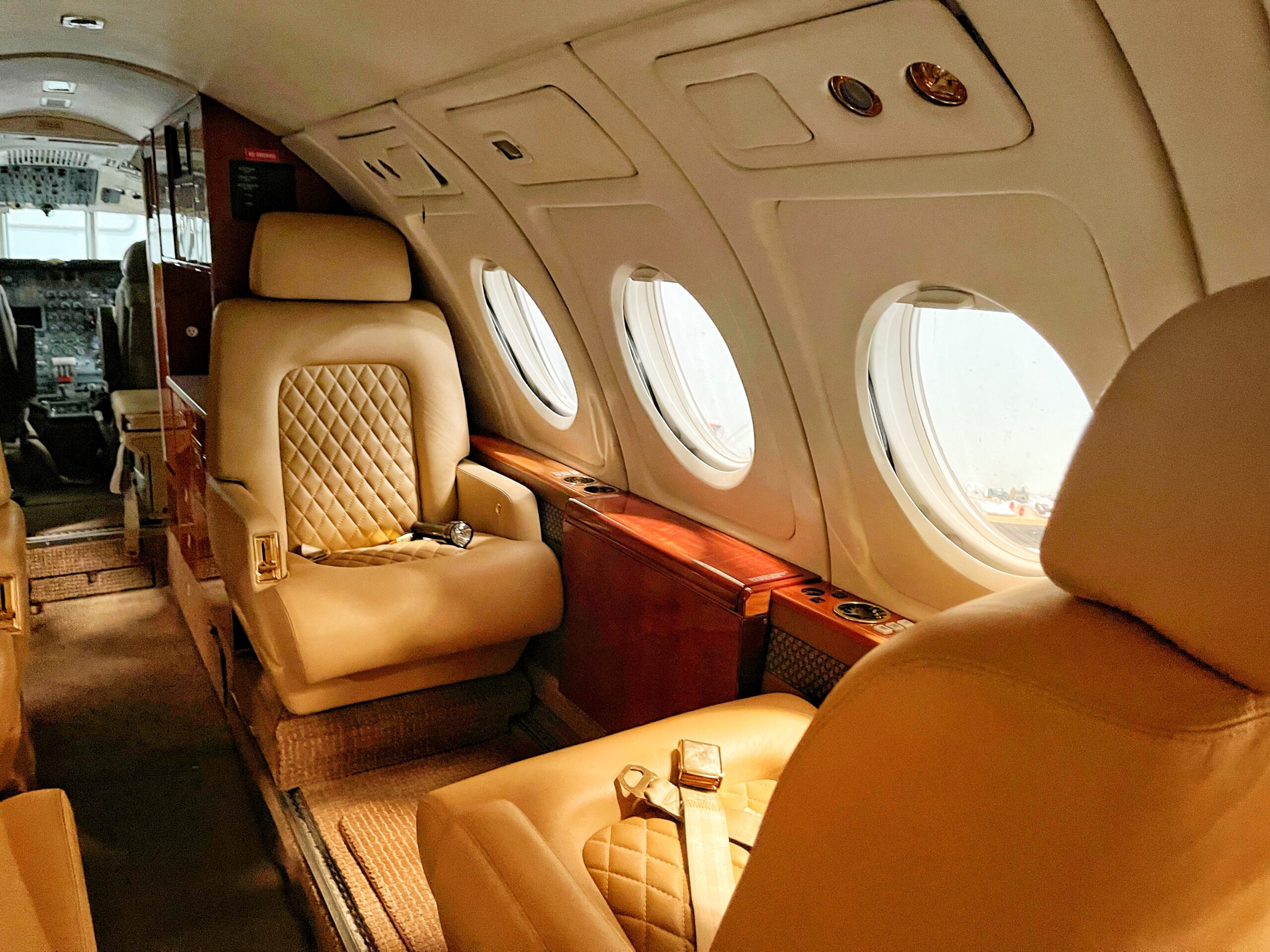 the interior cabin of a private jet. Mustard color leather seats with red carpeting