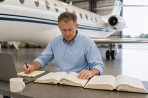 Aircraft appraiser reviewing open maintenance logbooks at a hangar work table with a business jet behind him.