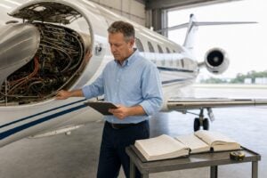 Aircraft appraiser inspecting a business jet engine and recording findings, with maintenance logbooks open beside him.